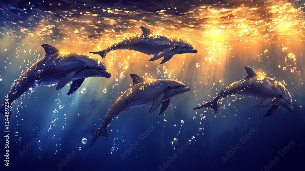Aufkleber A pod of dolphins diving in sync under the waters surface, surrounded by bubbles and shimmering light rays filtering through