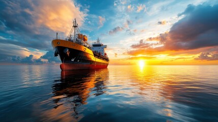 Naklejka premium Dramatic silhouette of a large cargo ship or vessel sailing across a vibrant colorful sunset over the open ocean or sea Beautiful seascape with reflection on the calm water surface