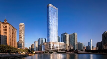 Fototapeta premium Modern glass skyscraper overlooking a river in a city skyline.