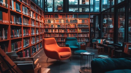 A quiet study area in a library with soft ambient lighting, surrounded by shelves of books, perfect for concentration and focus in a peaceful environment.