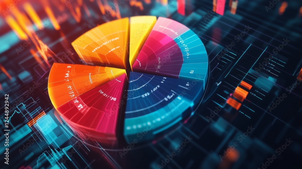 Poster a rotating d pie chart with colorful, layered sections representing data, with numbers and labels fl