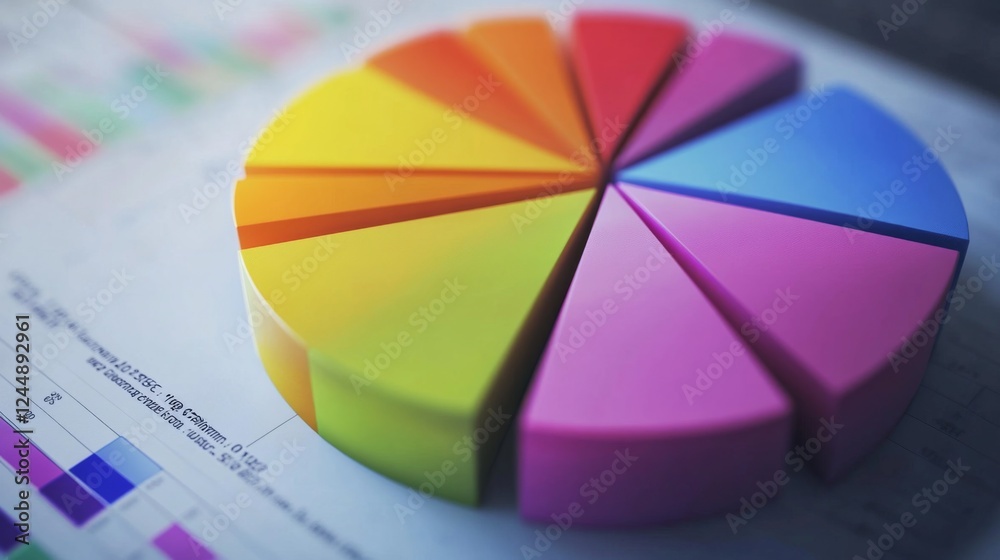 Leinwandbilder A rotating D pie chart with colorful, layered sections representing data, with numbers and labels floating beside each slice for clarity.