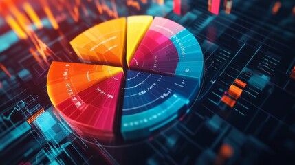 A rotating D pie chart with colorful, layered sections representing data, with numbers and labels floating beside each slice for clarity.