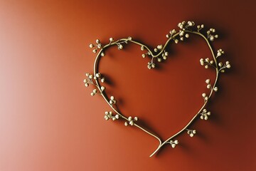 A delicate heart-shaped floral wreath made of golden branches and tiny blossoms on a rich, warm red background. A beautiful decor piece for Valentine's Day.
