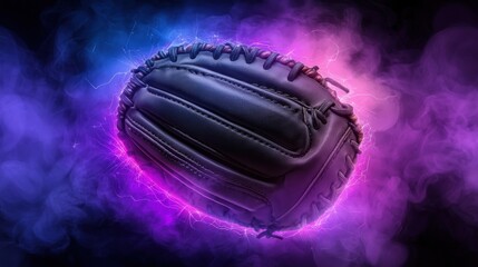 Dramatic and action packed image of a baseball glove mid catch with a glowing ball surrounded by a dark smoky atmosphere creating an intense powerful and energetic scene