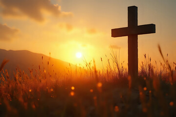 Good Friday concept: Silhouette cross of Jesus Christ on meadow autumn sunrise background