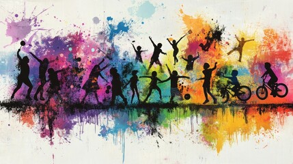 Colorful silhouettes of children playing various sports and activities against a vibrant paint splatter background.