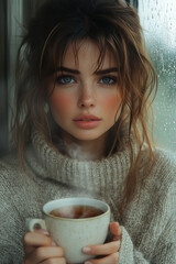 Serene Woman in Cozy Sweater Holding a Steaming Cup of Tea by a Rain-Streaked Window, Lost in Thought