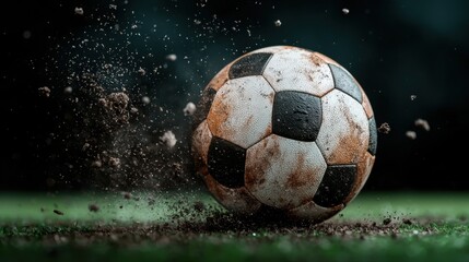 Naklejka premium Dynamic Soccer Ball in Mid Air During Intense Goal Scoring Moment on the Field of Play Capturing the Explosive Power and Energy of a Pivotal Scoring Opportunity in a Competitive Soccer Game