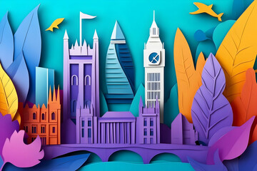 Colorful Paper Cutout Cityscape with Landmarks and Lush Foliage