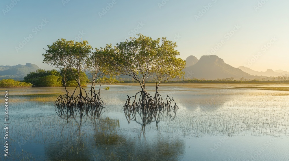 Poster a serene coastal view of mangrove trees standing tall in shallow water, with a backdrop of distant h