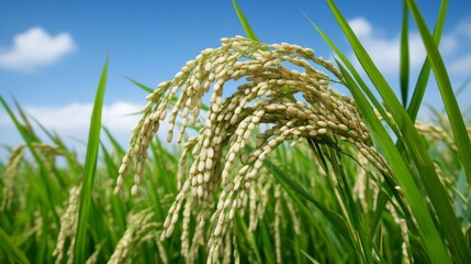 Naklejka premium A serene image of jasmine rice growing in lush green fields under a bright blue sky, showcasing the beauty of rice paddies and the essence of Thai agriculture.