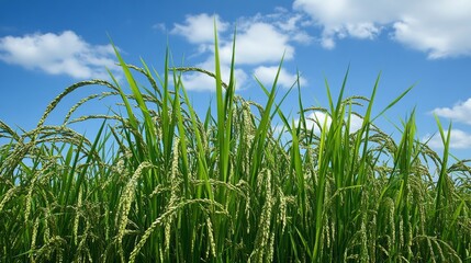 A serene image of jasmine rice growing in lush green fields under a bright blue sky, showcasing the beauty of rice paddies and the essence of Thai agriculture.