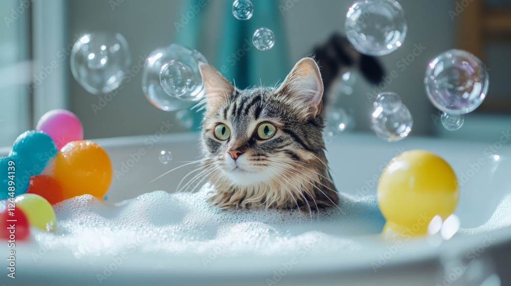 Poster a serene scene of a cat relaxing in a bathtub, surrounded by bubbles and colorful bath toys, illustr
