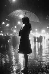 A woman stands alone in the rain at night, holding a transparent umbrella, with city lights reflecting off the wet pavement, creating a reflective and moody scene