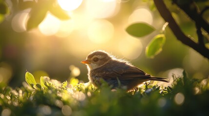 A serene shot of a baby bird resting on a soft patch of grass, with sunlight filtering through the trees, creating a peaceful atmosphere in a natural environment.