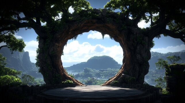 A breathtaking view through a mystical tree archway. Lush greenery and rolling hills create a serene landscape.
