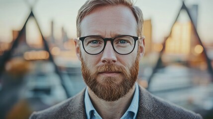 Fototapeta premium Close-up portrait of a serious, redhead man with glasses, outdoors at sunset.