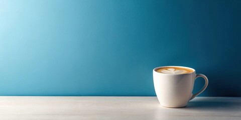 Obraz premium Aromatic Latte in White Mug on Light Wood Surface Against Teal Background