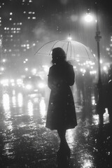 A woman stands alone in the rain at night, holding a transparent umbrella, with city lights reflecting off the wet pavement, creating a reflective and moody scene