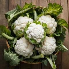 Fresh Cauliflower Heads in a Rustic Basket