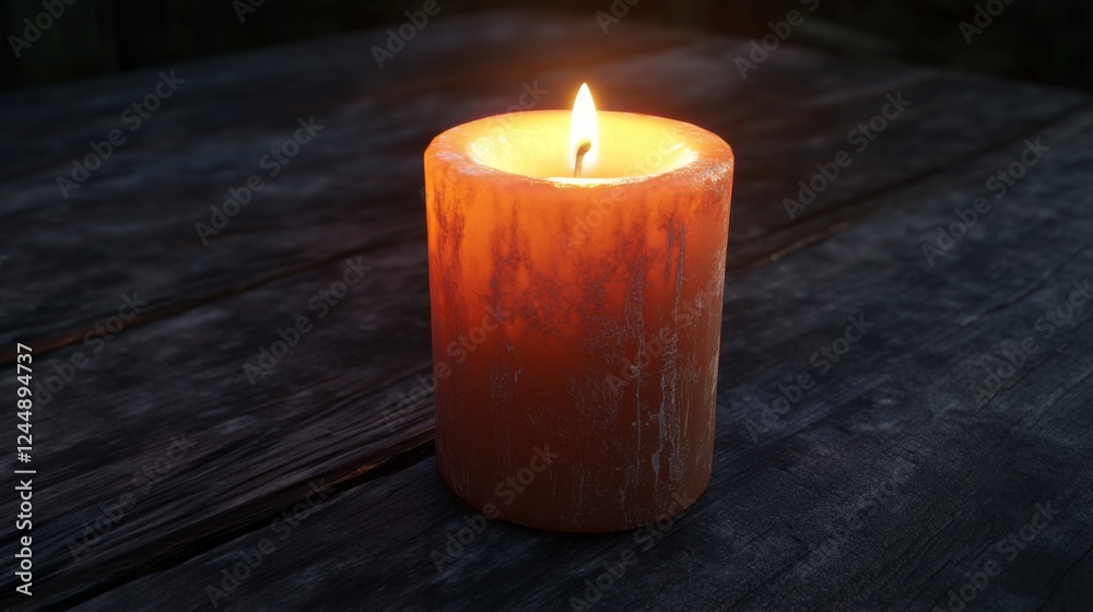 Poster a single lit candle on a dark wooden table, with soft shadows and highlights emphasizing the wax tex