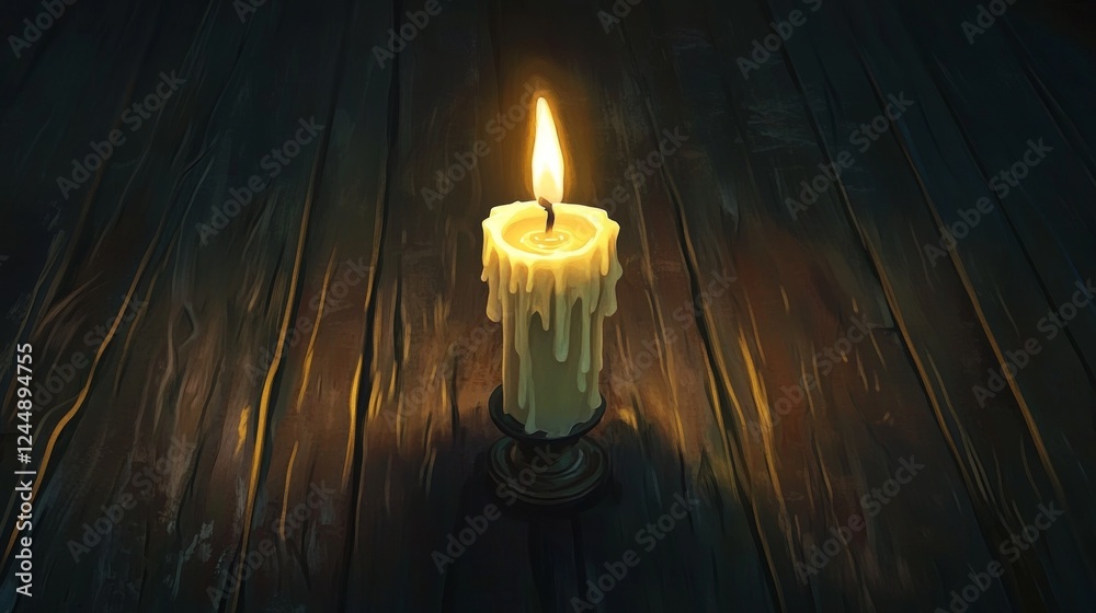 Poster a single lit candle on a dark wooden table, with soft shadows and highlights emphasizing the wax tex