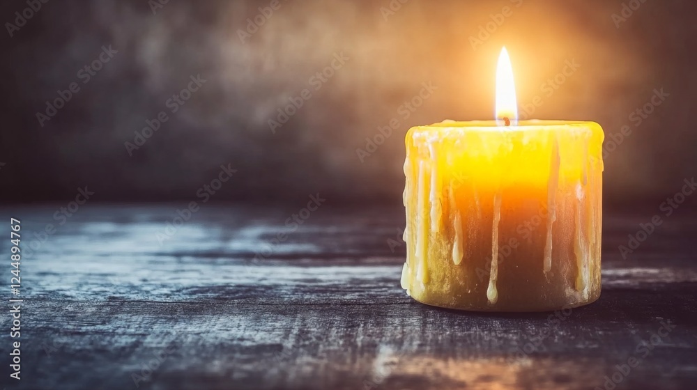 Poster a single lit candle on a dark wooden table, with soft shadows and highlights emphasizing the wax tex