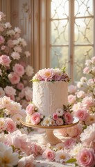 Romantic Wedding Celebration: White Cream-Covered Cake with Delicate Flowers in a Sunlit Room – Perfect for Invitations and Posters