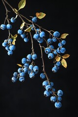 Close-up of a blueberry branch with ripe berries against a black background.