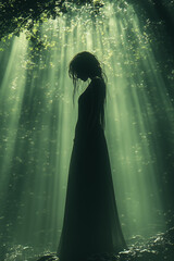 A woman stands under a large tree during a light rain as rays of sunlight break through the clouds creating a serene and magical atmosphere