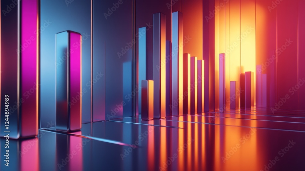 Poster a sleek, futuristic d bar graph with metallic bars rising from a reflective surface, set against a d