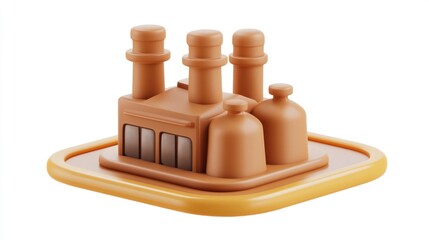 3D render of a simplified industrial factory icon on a yellow square base, isolated on white background.