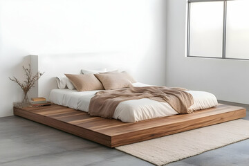 Modern Minimalist Bedroom Design Showcases a Wooden Platform Bed with Neutral-toned Linens on a Rug beside a Window.