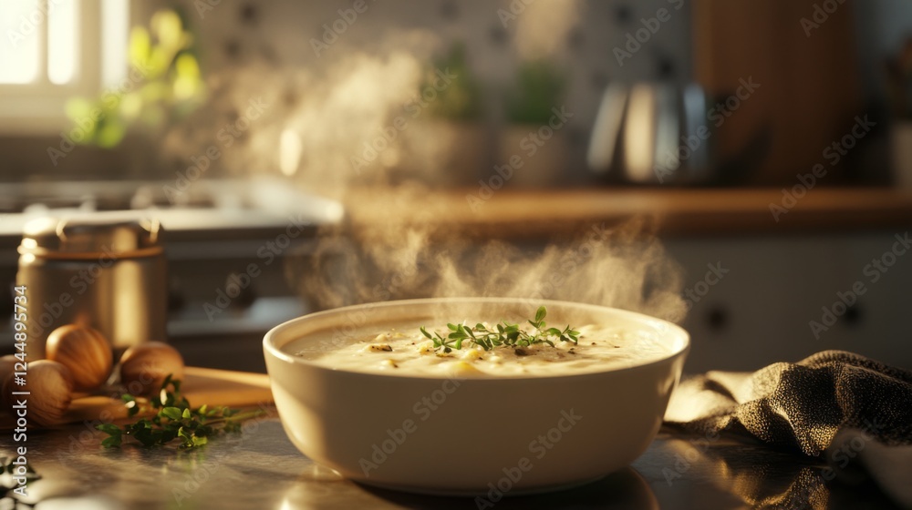 Poster a steaming bowl of creamy chestnut soup garnished with fresh herbs, served in a cozy kitchen setting