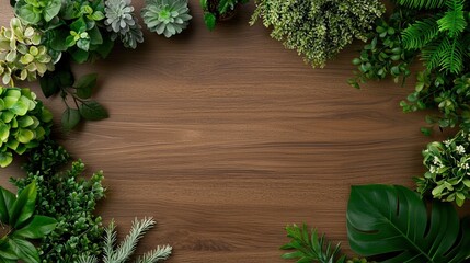 Lush Green Plants Framing Natural Wooden Texture Background