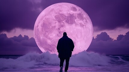Silhouette of a man walking towards a large, purple moon over a wavy ocean.  Mystical, serene night scene.