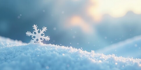 A lone snowflake gently falls amidst the swirling shapes of a cloudy sky and snowy landscape, peaceful, white, frozen