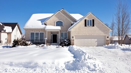 Suburban home, winter snow, driveway cleared, sunny day, real estate