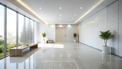 Fototapeta premium Modern Minimalist Office Lobby with Natural Light and Greenery