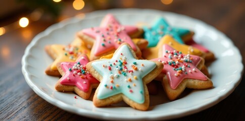 Obraz premium A plate of star-shaped sugar cookies with sprinkles and icing, decorating, sprinkles, holiday