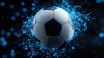 Naklejka premium Closeup image of a soccer ball surrounded by a glowing pulsating energy wave against a dark futuristic background The dynamic luminous effect creates a sense of power speed