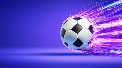 Naklejka premium Closeup of a soccer ball in mid air surrounded by glowing energy trails capturing the dynamic motion and speed of the game