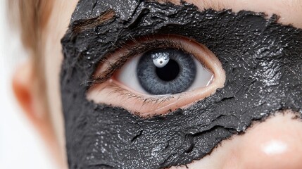 Child's eye with mud mask, skincare routine