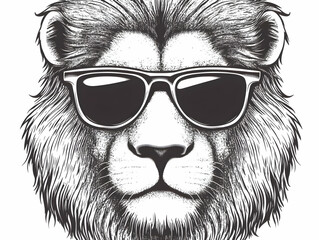 Stylish Lion Wears Sunglasses: A Detailed Monochrome Illustration