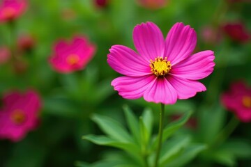 Obraz premium Colorful rose cosmos blooms on bright green leaves, flowers, cosmos flowers, garden