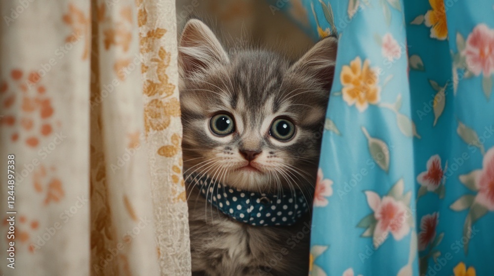 Poster a tiny kitten with soft gray fur, wearing a polka dot collar, peeking out from behind a curtain with