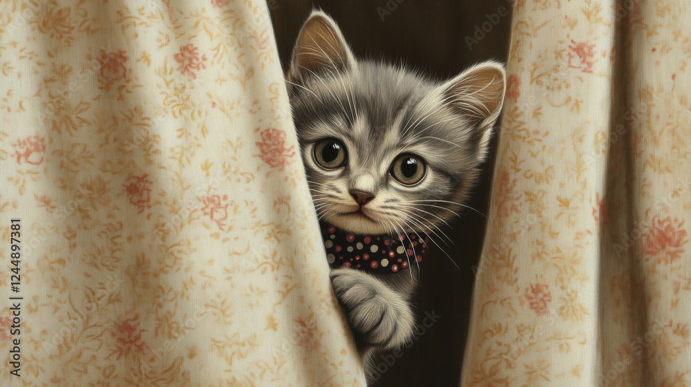 Poster a tiny kitten with soft gray fur, wearing a polka dot collar, peeking out from behind a curtain with