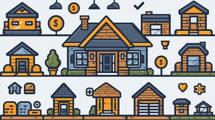 Colorful illustration of various house styles and real estate icons.