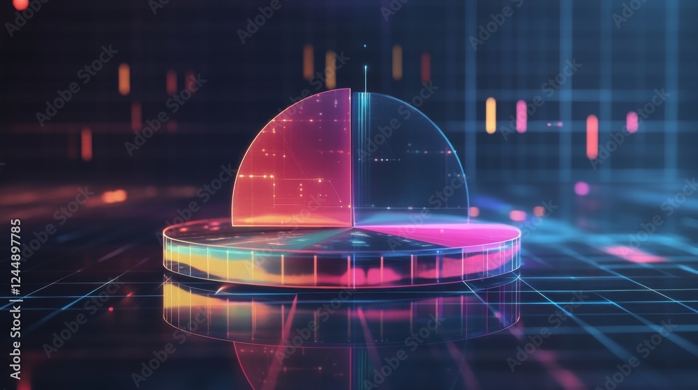Fototapete a transparent d pie chart with sleek, colorful sections rising from a reflective platform, showcasin